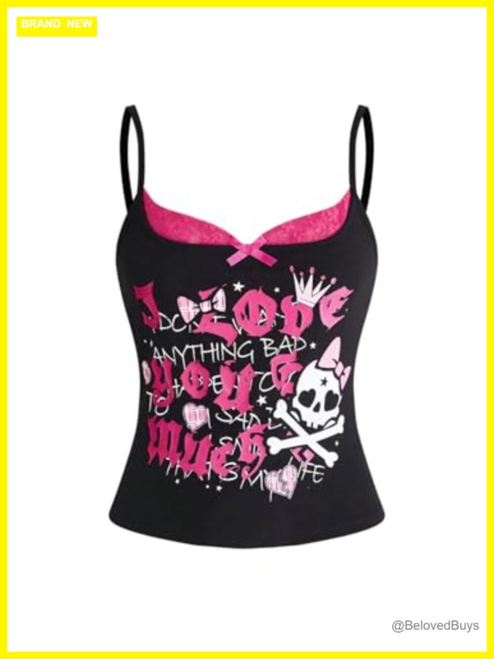 Gothic Skull Cami Crop Top Spaghetti Strap Lace Trim Grunge Y2k